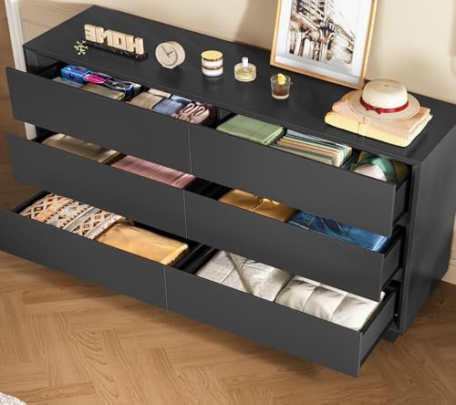 TEENFON 55" Dresser for Bedroom with 6 Drawers, Black Dresser with Metal Slide, Bedroom Dressers, Wood Dressers & Chests of Drawers for Bedroom, Hallway, Black - Image 2