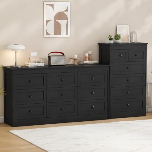 wanan Black 9 Drawer Dresser for Bedroom, Modern 59'' Wide Wood Chest of Drawers, Dresser TV Stand, Storage Organizer with Metal Handles for Living Room, Hallway, Entryway - Image 6