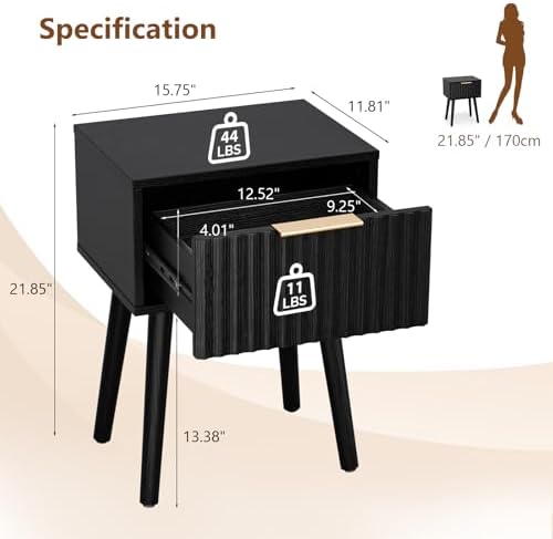 VINGLI Night Stand Set 2, Fluted Nightstands with Drawer, Mid Century Modern Nightstands Set of 2, Bedside Table, End Table, Wood Nightstand for Bedroom, Black, 15.75" W*11.81" D*21.85" H - Image 2