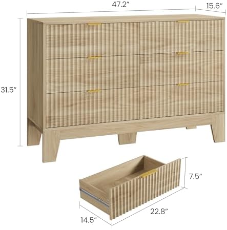 GarveeHome 47.2" Wide Fluted 6 Drawers Dresser, Oak - Image 2