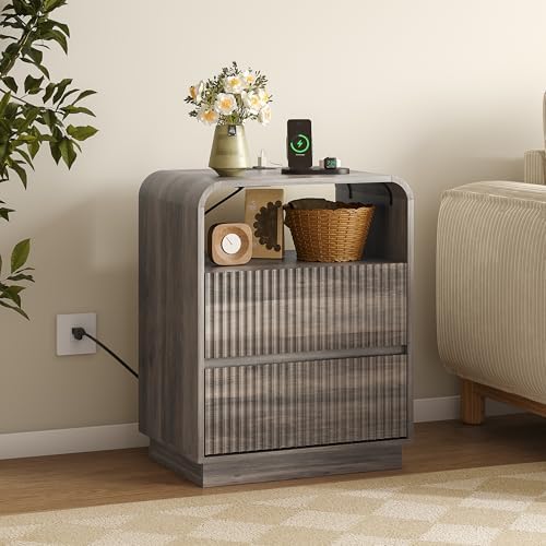 BORNOON Dresser with 2 Drawers and Charging Station, Fluted Bedside Table with Round Curved Corner, Hidden Handles, 2 AC Outlets and 2 USB Ports, Modern Wood End Table with Open Shelf for Bedroom - Image 5