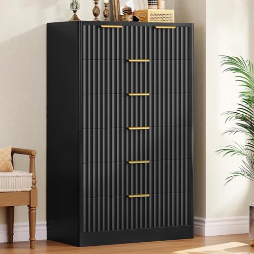 TEENOFN Fluted Dresser for Bedroom with 7 Drawers, 48" Tall Modern Chest of Drawers with Metal Handle, Wooden Dresser TV Stand, Wood Closet Clothes Storage Organizer for Living Room, Hallway, Black by TEENFON