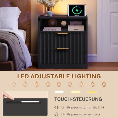 TEENFON Fluted Nightstands Set of 2, Night Stand with Charging Station and LED Light, Nightstand with Storage Drawer and Open Shelf, Bedside Table for Small Space, Bedroom, Black - Image 6