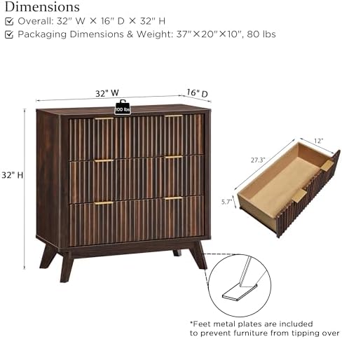 T4TREAM 32" Fluted 3 Drawer Dresser for Bedroom, Dark Walnut - Image 2