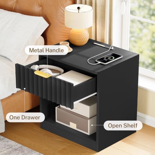 TEENFON Fluted Nightstands Set of 2, Night Stand with Charging Station and LED Light, Nightstand with Storage Drawer and Open Shelf, Bedside Table for Small Space, Bedroom, Black - Image 7