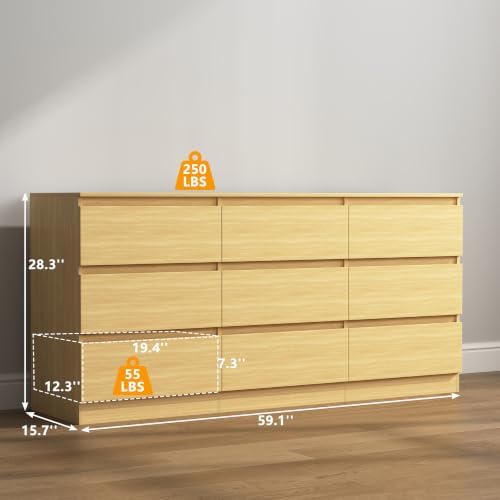 Vibe & Dine 9 Drawer Dresser, Modern Long Dresser for Bedroom, Wood Chest of Drawers with Wide Storage for Living Room, Natural Wood - Image 3