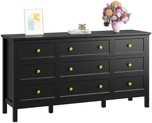 CARPETNAL 59" Black Dresser for Bedroom with 9 Drawer & Modern Gold Handles by CARPETNAL