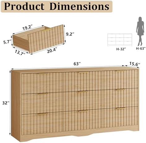 9 Drawer Dresser and Nightstand Sets for Bedroom, Modern Fluted 3 Pcs Bedroom Dresser Furniture Sets, Wood Chest of Drawers and Nightstand Set of 2 with Metal Handles, Natural Oak - Image 2