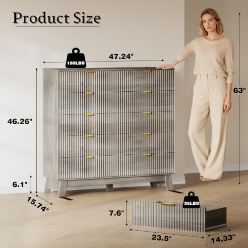BORNOON 46" Tall Dresser for Bedroom, 10-Drawer Fluted Chest of Drawers, Modern Wood Highboy with Metal Slides and Handles, Anti-Tip Kit, Vertical Clothes Storage Organizer for Apartment, Closet - Image 2