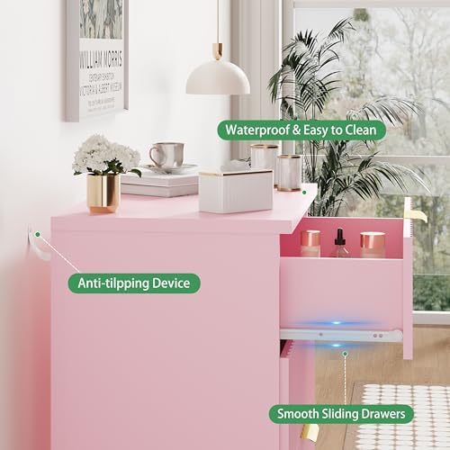 Xixini Fluted Nightstand with 3 Drawers, 24" Wide Side Table, Pink - Image 5