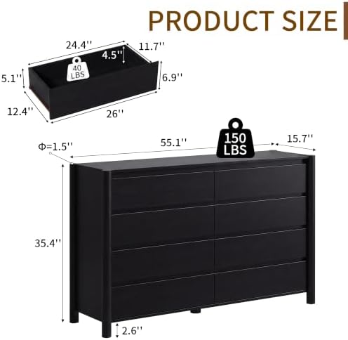 CHUWELL 55" Wide Black 8 Drawer Dresser for Bedroom with Solid Wood Legs - Image 2