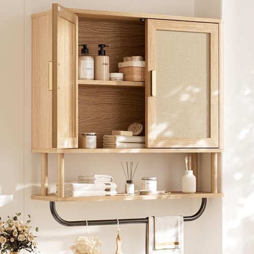INNOD Rattan Bathroom Wall Cabinet with Towel Bar, Wall-Mounted Medicine Cabinet with Adjustable Wood Shelf & Doors, Over the Toilet Storage Cabinet for Laundry Room & Kitchen & Living Room by INNODToddlerTower