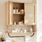 INNOD Rattan Bathroom Wall Cabinet with Towel Bar, Wall-Mounted Medicine Cabinet with Adjustable Wood Shelf & Doors, Over the Toilet Storage Cabinet for Laundry Room & Kitchen & Living Room by INNODToddlerTower