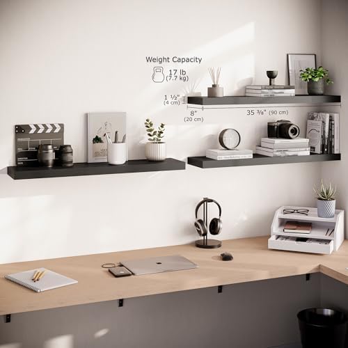 Ballucci Floating Shelves, 36" Long Wall Shelf, Set of 3, Wood Floating Shelves for Wall, Decorative Wall Shelves for Home Office, Living Room, Room Décor, 8" Deep, Set of 3, Black - Image 2