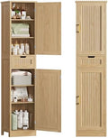 Iwell Tall Narrow Storage Cabinet with 1 Drawer and 2 Doors, Fluted Cabinet with Adjustable Shelves, Rattan Kitchen Cabinet for Bathroom, Living Room, Kitchen, Natural Oak by IWELL