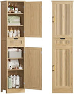 Iwell Tall Narrow Storage Cabinet with 1 Drawer and 2 Doors, Fluted Cabinet with Adjustable Shelves, Rattan Kitchen Cabinet for Bathroom, Living Room, Kitchen, Natural Oak by IWELL
