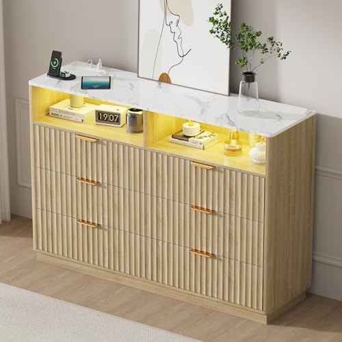 VOWNER Fluted 6 Drawer Dresser for Bedroom Faux Marble Top Dresser TV Stand by VOWNER