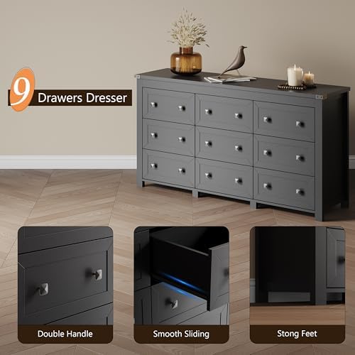 Xixini 59.1" Wide 9-Drawer Farmhouse Dresser for Bedroom, Black - Image 5