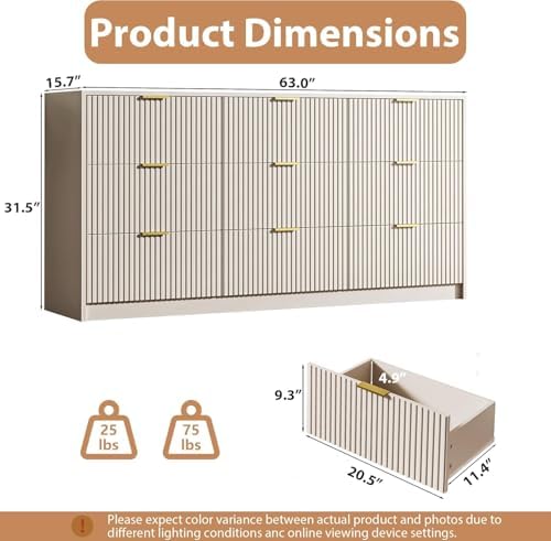MAISONARIA Beige 9 Drawer Dresser for Bedroom, 63" Wide Modern Fluted Dresser with Gold Metal Handles, Chest of Drawers for Bedroom, Living Room, Entryway, Hallway - Image 2