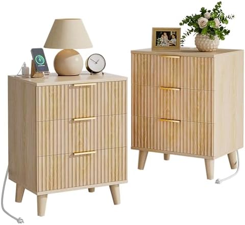 3 Drawers Nightstands Set of 2 w/Charging Station, Modern Fluted Dresser by Lulive