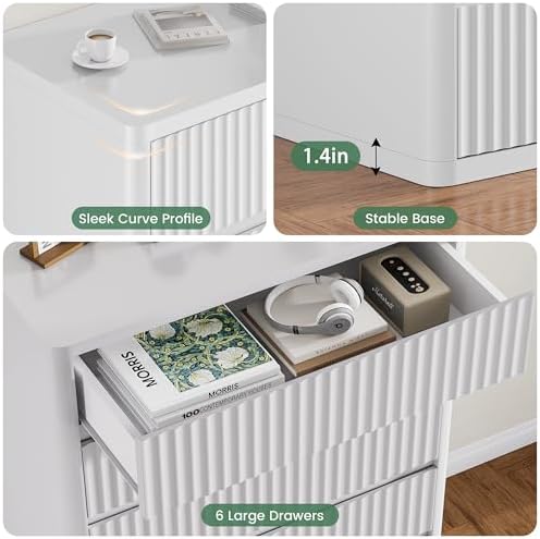 Standifurno White 56" Tall Dresser for Bedroom, Fluted Vertical Dresser with 6 Deep Drawers, Modern Chest of Drawers with Curved Profile, Wooden Drawer Organizer for Living Room, Hallway, Closet - Image 5