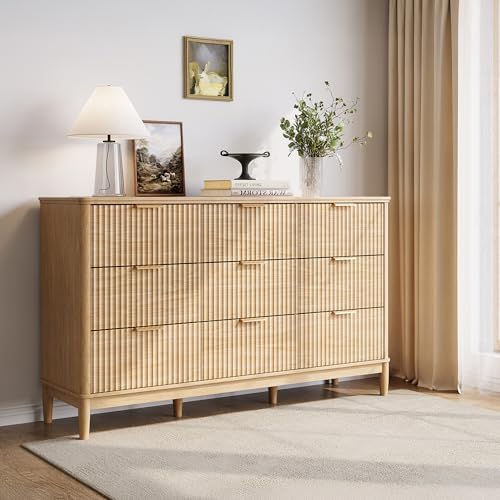 LINSY Fluted 9 Drawer Dresser for Bedroom, 58" Wide Mid-Century Modern Tall Chest of Drawers, Deep Storage Dresser with Curved Corner Design, Large Accent Wood Cabinet for Bedroom, Oak by Linsy