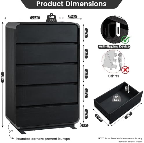 Standifurno 29.5’’ W Dresser for Closet, Black Drawers with Curved Design, Chest Drawer with 5 Drawers, Vertical Drawer with Large Storage, Wooden Dresser for Living Room, Nursery, Entryway - Image 2