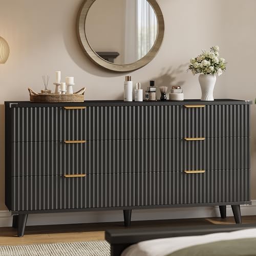 Wood Tall 6 Drawers Dresser, 53.2" W Fluted Modern Dressers for Bedroom by Lulive