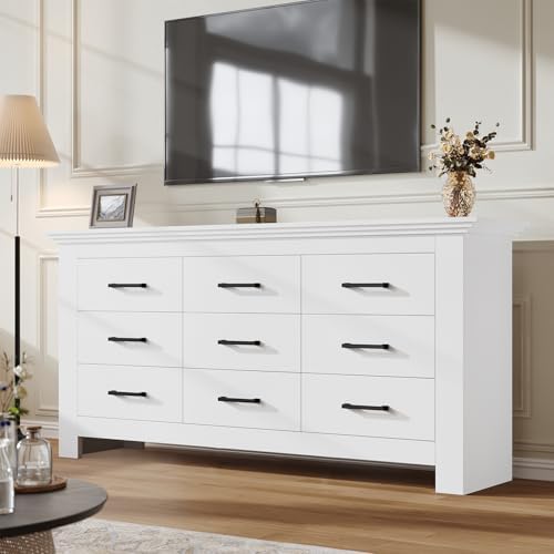 9 Drawer Dresser for Bedroom, Wood Dresser Chests of Drawers with Metal Handle, Triple Wide Dressers, Vintage Design Storage Chest Cabinet and Organizer Drawers for Closet, Hallway, Entryway, White - Image 3