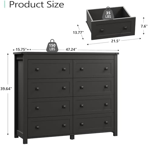Xixini 47.2" Wide 8-Drawer Farmhouse Dresser for Bedroom, Black - Image 3