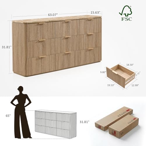 63"W Fluted 9 Drawer Bedroom Dresser, with Faux Marble Top,Natural Oak - Image 2
