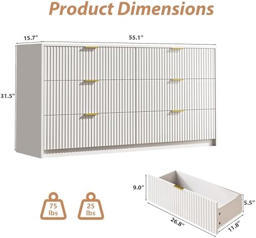 MAISONARIA White 6 Drawer Dresser for Bedroom, 55" Wide Modern Chest of Drawers with Gold Metal Handles, Fluted Wood TV Stand for Living Room, Hallway - Image 2
