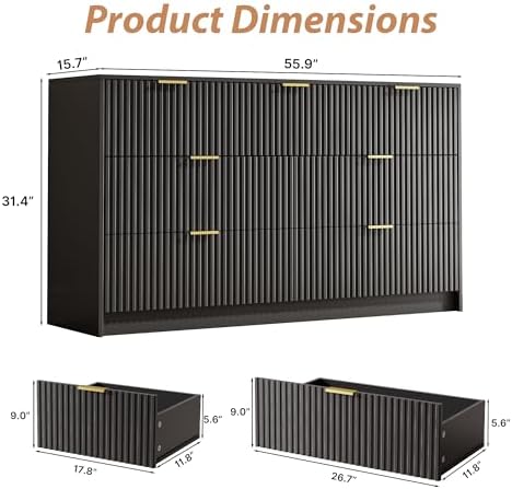 MAISONARIA Black 7 Drawer Dresser for Bedroom, 55.9" Wide Modern Fluted Dresser with Gold Metal Handles, Wide Chest of Drawers for Bedroom, Living Room, Entryway, Hallway - Image 2