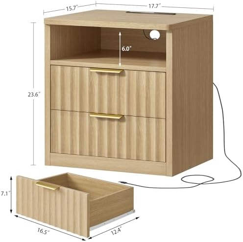 TEENFON Fluted Night Stand, Nighstand with Charging Station and LED Light, Modern Bed Side Table for Small Space, Storage Drawer and Open Shelf, for Bedroom, Natural - Image 3