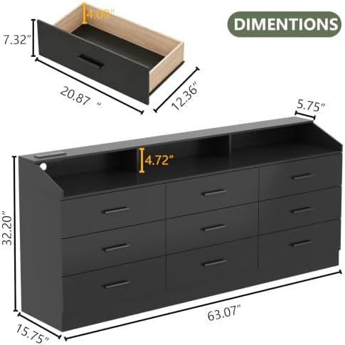 9 Drawers Dresser for Bedroom with Power Outlet,Modern Dresser w/ LED Light - Image 2