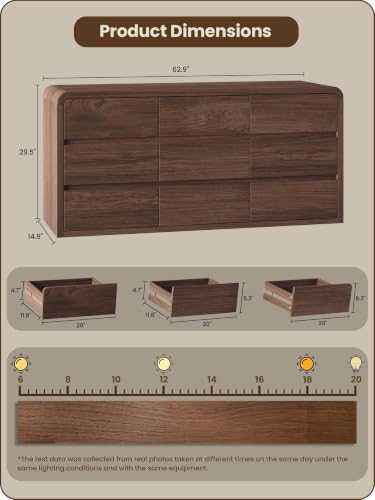 Modern 63" Wide 9 Drawers Dresser with Curved Profile Design,Walnut - Image 2