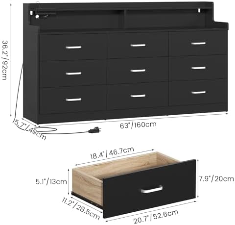 Bigbiglife 9 Drawer Dresser with Built in Power Outlet and LED Light, Modern Chest of Drawers for Bedroom, Triple Wide Drawer Organizer Cabinet for Living Room, Entryway, Hallway, Black - Image 2