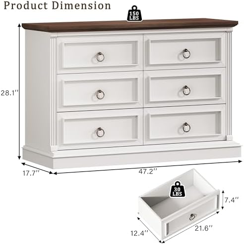 HUAHUU Farmhouse 6 Drawer Dresser for Bedroom, 47" Wide Chest of Drawers with Roman Column, White Wood Dresser with Antique Bronze Circle Handles, Storage Organizer for Living Room, Hallway, Entryway - Image 2