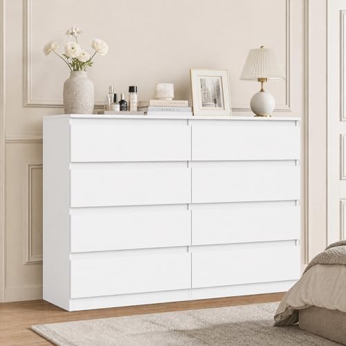 White Dresser for Bedroom,Modern Large 8 Drawer Dresser with Deep Drawer,Wide Storage Chest of Drawer,Wood Bedroom Storage Organizer Furniture,TV Stand for Living Room by CIPACHOHOMEFURNITURE