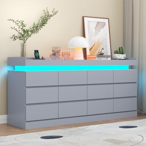 Gyfimoie 12 Drawer Dresser with Power Outlet, Modern Dresser with LED Light by Gyfimoie