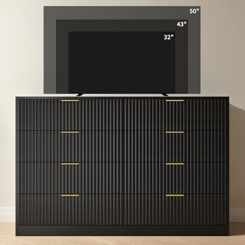 Black Dresser with 8 Drawer 55" Wide Fluted Dresser for Bedroom丨Double Drawer Dresser Modern Chest of Drawers with Gold Handle, Wood TV Stand for Bedroom, Living Room, Entryway, Black - Image 6