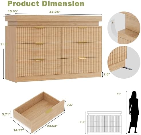 Fluted 6 Drawer Dresser LED Lights & Charging Station, Natural Oak - Image 2