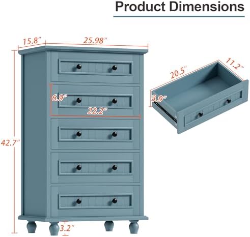 42.7'' Tall 5 Drawer Dresser for Bedroom, Vintage Blue Wood Storage Chest - Image 2