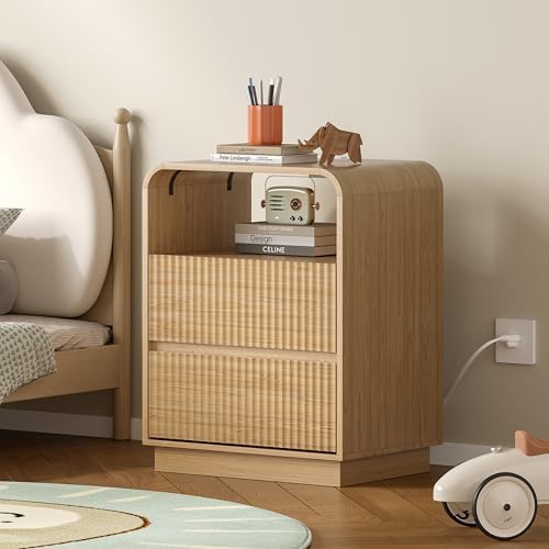 BORNOON Dresser with 2 Drawers and Charging Station, Fluted Bedside Table with Round Curved Corner, Hidden Handles, 2 AC Outlets and 2 USB Ports, Modern Wood End Table with Open Shelf for Bedroom by BORNOON