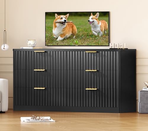 TEENFON Fluted 6 Drawer Dresser for Bedroom, Wide Modern Chest of Drawers with Metal Handle, Curved Profile Design, Wood Closet Clothes Storage Organizer for Bedroom, Living Room, Hallway, Black - Image 6