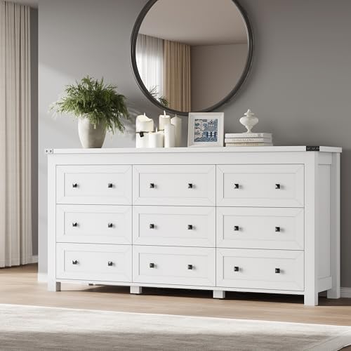 BORNOON 9-Drawer Dresser, Modern Wooden Storage Chest of Drawers, Dresser TV Stand, Wood Drawer Organizer with Metal Handles for Bedroom, Living Room, Hallway by BORNOON