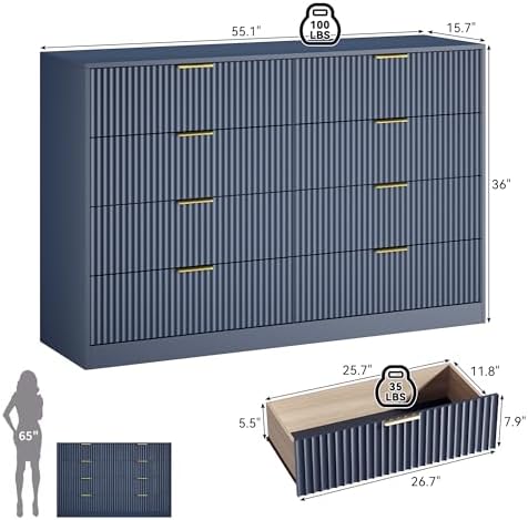 Blue Fluted Dresser Bedroom with 8 Drawer,55” Wide White Double Drawer Dresser Modern Chest of Drawers with Gold Handles,Wood TV Stand for Bedroom,Living Room (Blue, 8 Drawer Dresser) - Image 2