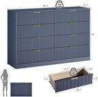 Blue Fluted Dresser Bedroom with 8 Drawer,55” Wide White Double Drawer Dresser Modern Chest of Drawers with Gold Handles,Wood TV Stand for Bedroom,Living Room (Blue, 8 Drawer Dresser) - Image 2