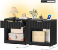 TEENFON Fluted Nightstands Set of 2, Night Stand with Charging Station and LED Light, Nightstand with Storage Drawer and Open Shelf, Bedside Table for Small Space, Bedroom, Black by TEENFON