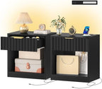 TEENFON Fluted Nightstands Set of 2, Night Stand with Charging Station and LED Light, Nightstand with Storage Drawer and Open Shelf, Bedside Table for Small Space, Bedroom, Black by TEENFON